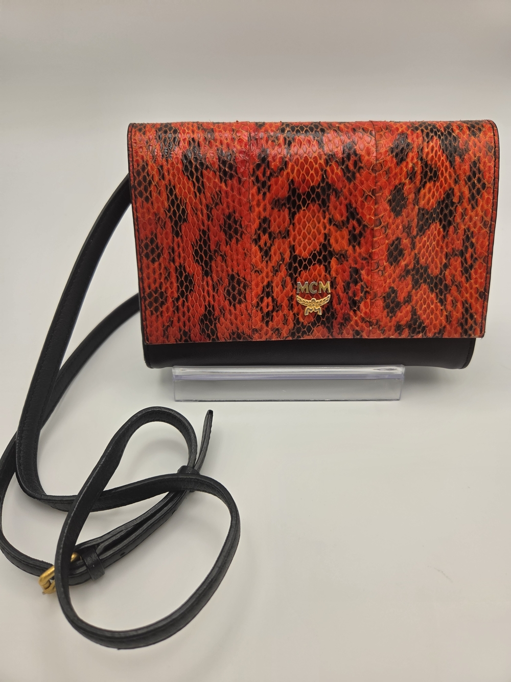 Authentic MCM Red & Black Snake-Print Crossbody Bag